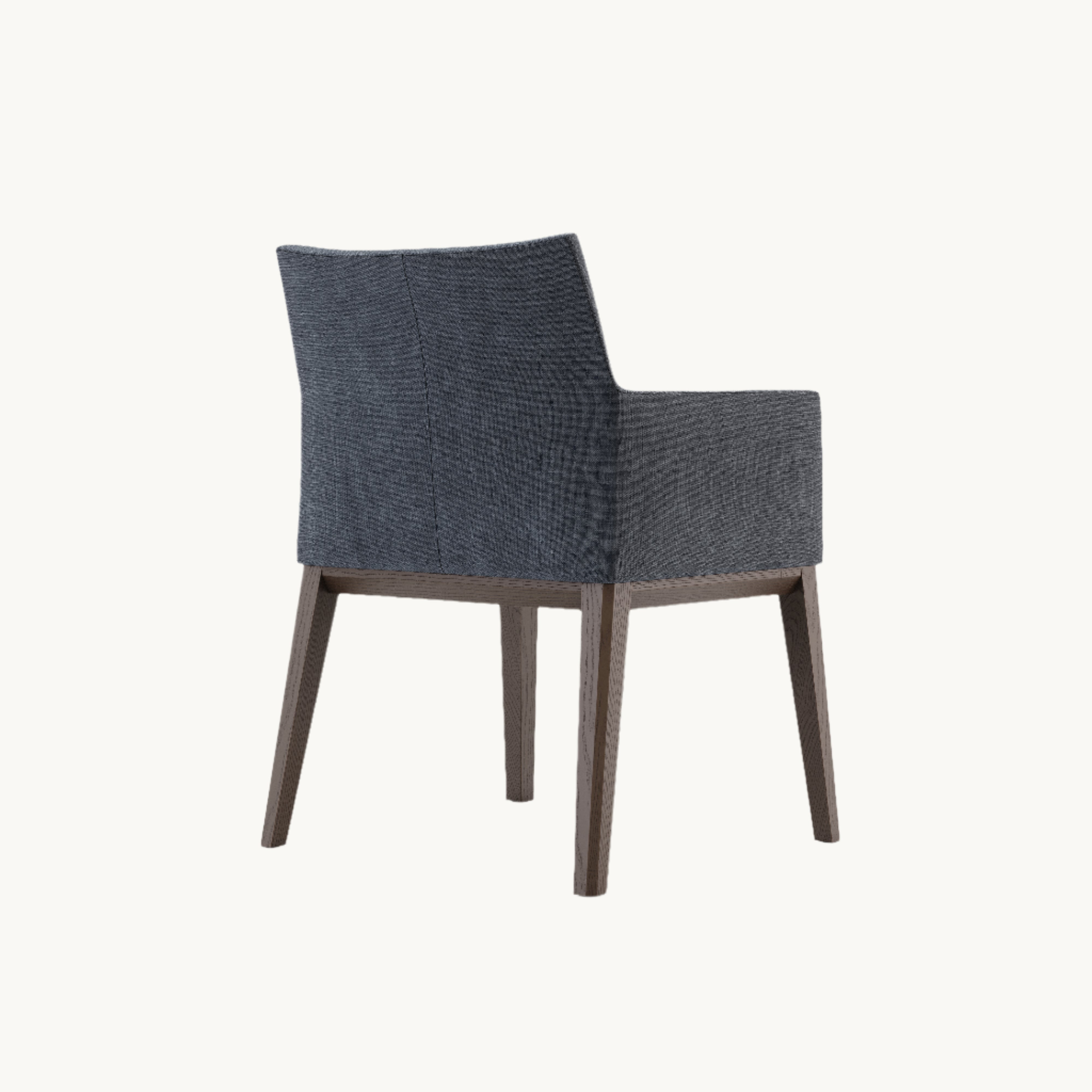 Chair with dark gray upholstered backrest and wooden legs on a white background